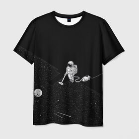 Мужская футболка 3D с принтом Космический клининг , 100% полиэфир | прямой крой, круглый вырез горловины, длина до линии бедер | cleaner | cosmonaut | moon | space | stars | vacuum | звезды | космонавт | космос | луна | пылесос | уборка