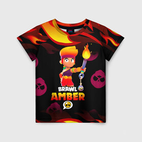 Детская футболка 3D с принтом BRAWL STARS AMBER. , 100% гипоаллергенный полиэфир | прямой крой, круглый вырез горловины, длина до линии бедер, чуть спущенное плечо, ткань немного тянется | 8 bit | amber | brawl stars | colette | crow | gale | leon | max | mecha | mecha crow | mr.p | sally leon | shark | tara | virus 8 bit | werewolf leon | акула | амбер | берли | бравл старс | ворон | коллет | макс | оборотень