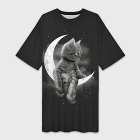 Платье-футболка 3D с принтом Котик на луне ,  |  | cat | likee | tik tok | астронавт | вселенная | галактика | грозовой кошак | дым | звезда | космос | кот | кот в космосе | кот на луне | котик | кошак | кошечка | кошка | лайки | луна | милый кот | мур | мяу | облако