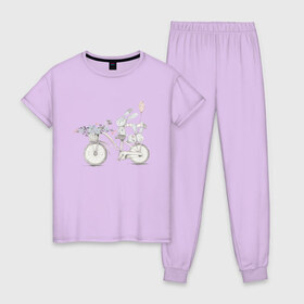 Женская пижама хлопок с принтом Кролики на велосипеде , 100% хлопок | брюки и футболка прямого кроя, без карманов, на брюках мягкая резинка на поясе и по низу штанин | ball | bike | bunny | flowers | велосипед | зайчики | кролики | цветы | шарик
