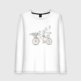 Женский лонгслив хлопок с принтом Кролики на велосипеде , 100% хлопок |  | ball | bike | bunny | flowers | велосипед | зайчики | кролики | цветы | шарик