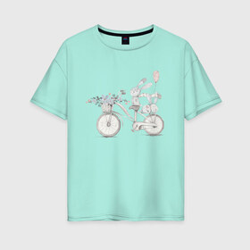 Женская футболка хлопок Oversize с принтом Кролики на велосипеде , 100% хлопок | свободный крой, круглый ворот, спущенный рукав, длина до линии бедер
 | ball | bike | bunny | flowers | велосипед | зайчики | кролики | цветы | шарик