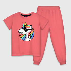 Детская пижама хлопок с принтом Стильный единорог , 100% хлопок |  брюки и футболка прямого кроя, без карманов, на брюках мягкая резинка на поясе и по низу штанин
 | rainbow | unicorn | единорог | очки | радуга