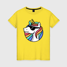 Женская футболка хлопок с принтом Стильный единорог , 100% хлопок | прямой крой, круглый вырез горловины, длина до линии бедер, слегка спущенное плечо | rainbow | unicorn | единорог | очки | радуга