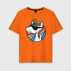 Женская футболка хлопок Oversize с принтом Стильный единорог , 100% хлопок | свободный крой, круглый ворот, спущенный рукав, длина до линии бедер
 | rainbow | unicorn | единорог | очки | радуга