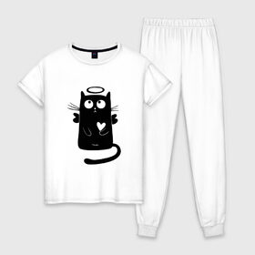 Женская пижама хлопок с принтом Влюблённый котейка , 100% хлопок | брюки и футболка прямого кроя, без карманов, на брюках мягкая резинка на поясе и по низу штанин | 