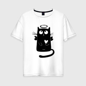 Женская футболка хлопок Oversize с принтом Влюблённый котейка , 100% хлопок | свободный крой, круглый ворот, спущенный рукав, длина до линии бедер
 | 