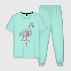 Мужская пижама хлопок с принтом Узорчатый фламинго , 100% хлопок | брюки и футболка прямого кроя, без карманов, на брюках мягкая резинка на поясе и по низу штанин
 | Тематика изображения на принте: bird | flamingo | spiral | птица | спираль | узор | фламинго