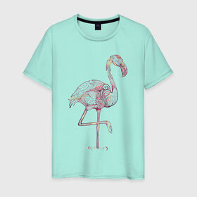 Мужская футболка хлопок с принтом Узорчатый фламинго , 100% хлопок | прямой крой, круглый вырез горловины, длина до линии бедер, слегка спущенное плечо. | bird | flamingo | spiral | птица | спираль | узор | фламинго