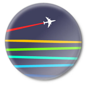 Значок с принтом В небо ,  металл | круглая форма, металлическая застежка в виде булавки | абстракция | авиация | неон | полосы | самолет