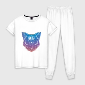 Женская пижама хлопок с принтом Просветлённый кот , 100% хлопок | брюки и футболка прямого кроя, без карманов, на брюках мягкая резинка на поясе и по низу штанин | арт | глаз | градиент | кот | кошка | мудрость | просветлённый | рисунок | третий глаз