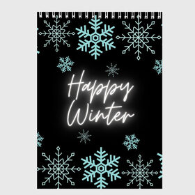 Скетчбук с принтом Happy Winter , 100% бумага
 | 48 листов, плотность листов — 100 г/м2, плотность картонной обложки — 250 г/м2. Листы скреплены сверху удобной пружинной спиралью | happy | winter | зеленый | зима | небо | ночь | северное сияние | синий | снег | счастье