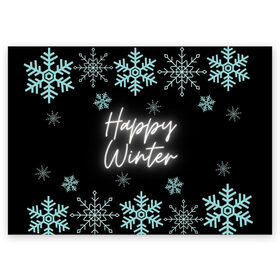 Поздравительная открытка с принтом Happy Winter , 100% бумага | плотность бумаги 280 г/м2, матовая, на обратной стороне линовка и место для марки
 | Тематика изображения на принте: happy | winter | зеленый | зима | небо | ночь | северное сияние | синий | снег | счастье