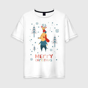 Женская футболка хлопок Oversize с принтом Merry Christmas (Собачки) , 100% хлопок | свободный крой, круглый ворот, спущенный рукав, длина до линии бедер
 | 