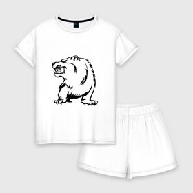 Женская пижама с шортиками хлопок с принтом Гризли , 100% хлопок | футболка прямого кроя, шорты свободные с широкой мягкой резинкой | beer | арт медведь | гризли | медведь | мишка