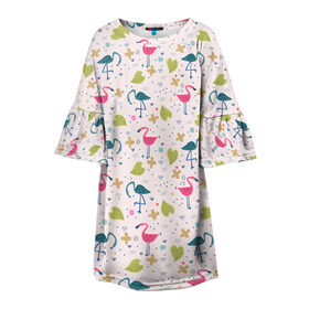 Детское платье 3D с принтом Фламинго в тропиках , 100% полиэстер | прямой силуэт, чуть расширенный к низу. Круглая горловина, на рукавах — воланы | 