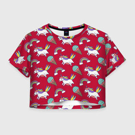 Женская футболка Crop-top 3D с принтом Pattern , 100% полиэстер | круглая горловина, длина футболки до линии талии, рукава с отворотами | cloud | hoofs | icecream | mane | pattern | rainbow | tail | unicorn | грива | единорог | копыта | мороженое | облако | радуга | узор | хвост
