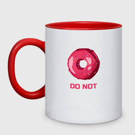 Кружка двухцветная с принтом Пончик DO NOT , керамика | объем — 330 мл, диаметр — 80 мм. Цветная ручка и кайма сверху, в некоторых цветах — вся внутренняя часть | donut | food | pink | еда | игра слов | пончик | розовый
