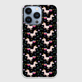 Чехол для iPhone 13 Pro с принтом Unicorns pattern ,  |  | flower | hoofs | horn | leaf | mane | pattern | star | unicorn | грива | единорог | звезда | копыта | лист | рог | узор | цветок