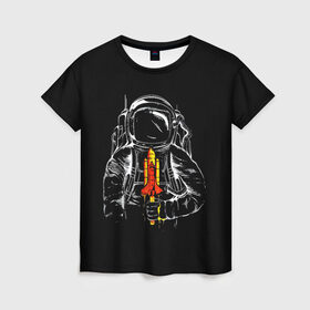 Женская футболка 3D с принтом Космонавт , 100% полиэфир ( синтетическое хлопкоподобное полотно) | прямой крой, круглый вырез горловины, длина до линии бедер | art | astronaut | cosmonaut | man | rocket | shuttle | space | арт | астронавт | космонавт | космос | ракета | человек | шаттл