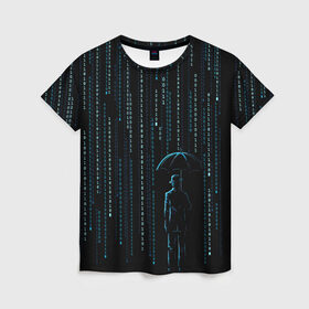 Женская футболка 3D с принтом Двоичный дождь, матрица , 100% полиэфир ( синтетическое хлопкоподобное полотно) | прямой крой, круглый вырез горловины, длина до линии бедер | 1 | banksy | matrix | бэнкси | двоичный код | дожди | дождливая погода | дождь | матрица | программма