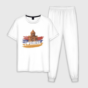 Мужская пижама хлопок с принтом Армения , 100% хлопок | брюки и футболка прямого кроя, без карманов, на брюках мягкая резинка на поясе и по низу штанин
 | Тематика изображения на принте: armenia | арарат | армения | герб | горы | лев | страна | флаг | шашлык