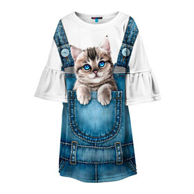 Детское платье 3D с принтом КОТЕНОК В КАРМАНЕ , 100% полиэстер | прямой силуэт, чуть расширенный к низу. Круглая горловина, на рукавах — воланы | cat | барсик | девочкам | джинсы | карман | киса | комбинезон | костюм | кот | котенок | котик | кошка | красиво | мило | мяу | одежда