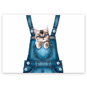 Поздравительная открытка с принтом КОТЕНОК В КАРМАНЕ , 100% бумага | плотность бумаги 280 г/м2, матовая, на обратной стороне линовка и место для марки
 | Тематика изображения на принте: cat | барсик | девочкам | джинсы | карман | киса | комбинезон | костюм | кот | котенок | котик | кошка | красиво | мило | мяу | одежда