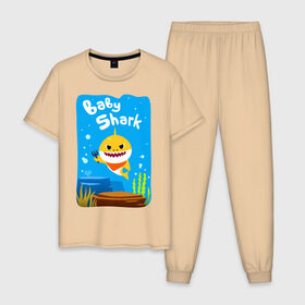Мужская пижама хлопок с принтом Baby Shark , 100% хлопок | брюки и футболка прямого кроя, без карманов, на брюках мягкая резинка на поясе и по низу штанин
 | Тематика изображения на принте: babyshark | babysharkchallenge | babysharkdance | акулёнок | детскаяпесенка | семьяакул