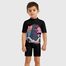 Детский купальный костюм 3D с принтом Godzilla art , Полиэстер 85%, Спандекс 15% | застежка на молнии на спине | аниме. арт | годзилла | монстр | япония