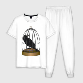 Мужская пижама хлопок с принтом Ворона в клетке , 100% хлопок | брюки и футболка прямого кроя, без карманов, на брюках мягкая резинка на поясе и по низу штанин
 | Тематика изображения на принте: ворон | ворона в клетке | плица в клетке | черный