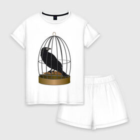 Женская пижама с шортиками хлопок с принтом Ворона в клетке , 100% хлопок | футболка прямого кроя, шорты свободные с широкой мягкой резинкой | ворон | ворона в клетке | плица в клетке | черный