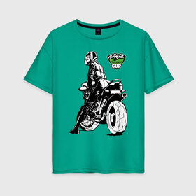 Женская футболка хлопок Oversize с принтом Kawasaki Ninja Cup , 100% хлопок | свободный крой, круглый ворот, спущенный рукав, длина до линии бедер
 | cup | engine | girl | helmet | motorcycle | power | двигатель | девушка | кубок | мотоцикл | мощь | шлем