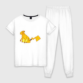 Женская пижама хлопок с принтом Пикачу , 100% хлопок | брюки и футболка прямого кроя, без карманов, на брюках мягкая резинка на поясе и по низу штанин | Тематика изображения на принте: аниме | капибара | пикачу | покемон | покемоны
