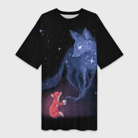Платье-футболка 3D с принтом Лиса и ее дух ,  |  | fox | moon | stars | дух | звезды | лес | леса | лиса | лиса и лес | лисичка | лисичка в лесу | лисички в космосе | лисы | луна | небо | ночное небо | с лисами | темнота