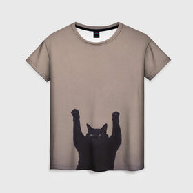 Женская футболка 3D с принтом Кот сдается , 100% полиэфир ( синтетическое хлопкоподобное полотно) | прямой крой, круглый вырез горловины, длина до линии бедер | cat | арест | испуг | кот | руки вверх | черный кот