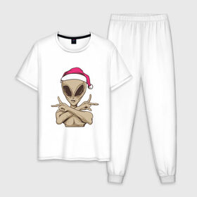 Мужская пижама хлопок с принтом Alien Santa , 100% хлопок | брюки и футболка прямого кроя, без карманов, на брюках мягкая резинка на поясе и по низу штанин
 | 