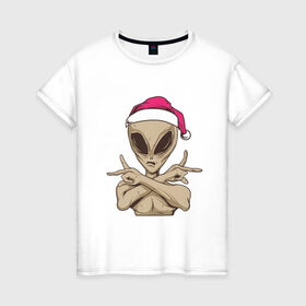 Женская футболка хлопок с принтом Alien Santa , 100% хлопок | прямой крой, круглый вырез горловины, длина до линии бедер, слегка спущенное плечо | 