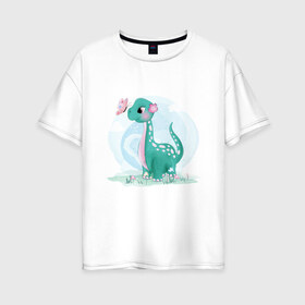 Женская футболка хлопок Oversize с принтом Динозаврик с бабочкой , 100% хлопок | свободный крой, круглый ворот, спущенный рукав, длина до линии бедер
 | butterfly | dinosaur | flower | spots | бабочка | динозавр | пятна | цветок