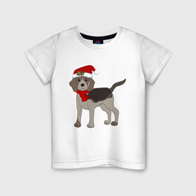 Детская футболка хлопок с принтом Новогодний Бигль , 100% хлопок | круглый вырез горловины, полуприлегающий силуэт, длина до линии бедер | Тематика изображения на принте: 2021 | бигль | зима | зимняя собака | милый | нарядная собака | новогодний щенок | новый год | подарок | собака | собака в шапке | шарф | щенок | щенок с шарфом