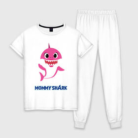 Женская пижама хлопок с принтом Baby Shark Mommy , 100% хлопок | брюки и футболка прямого кроя, без карманов, на брюках мягкая резинка на поясе и по низу штанин | 