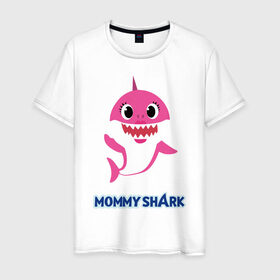 Мужская футболка хлопок с принтом Baby Shark Mommy , 100% хлопок | прямой крой, круглый вырез горловины, длина до линии бедер, слегка спущенное плечо. | 