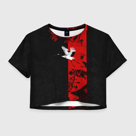 Женская футболка Crop-top 3D с принтом ЖУРАВЛЬ , 100% полиэстер | круглая горловина, длина футболки до линии талии, рукава с отворотами | amoled | аист | журавль | минимализм | сакура | цапля | япония