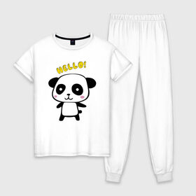 Женская пижама хлопок с принтом Милая пандочка , 100% хлопок | брюки и футболка прямого кроя, без карманов, на брюках мягкая резинка на поясе и по низу штанин | Тематика изображения на принте: маленькая панда | маленькая пандочка | милашка | милая панда | милая пандочка | панда | панда hello | панда милашка | пандочка | пандочка hello | пандочка милашка