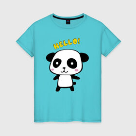 Женская футболка хлопок с принтом Милая пандочка , 100% хлопок | прямой крой, круглый вырез горловины, длина до линии бедер, слегка спущенное плечо | Тематика изображения на принте: маленькая панда | маленькая пандочка | милашка | милая панда | милая пандочка | панда | панда hello | панда милашка | пандочка | пандочка hello | пандочка милашка