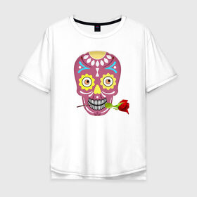 Мужская футболка хлопок Oversize с принтом Череп с розой , 100% хлопок | свободный крой, круглый ворот, “спинка” длиннее передней части | деньмертвых | зубы | мексика | роза | скелет | хэллоуин | цветок | череп
