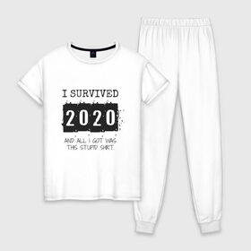 Женская пижама хлопок с принтом 2020 - я выжил , 100% хлопок | брюки и футболка прямого кроя, без карманов, на брюках мягкая резинка на поясе и по низу штанин | Тематика изображения на принте: 2020 | 2021 | coronavirus | covid | covid 19 | covid19 | new year | вирус | год | грипп | дед мороз | заражение | зима | карантин | клаус | корона | коронавирус | маска | новый год | пандемия | праздник | самоизоляция | санта