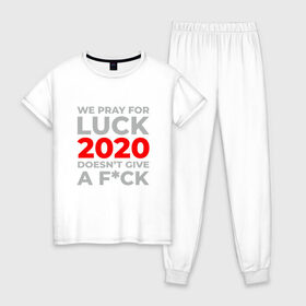 Женская пижама хлопок с принтом 2020 Pray For Luck , 100% хлопок | брюки и футболка прямого кроя, без карманов, на брюках мягкая резинка на поясе и по низу штанин | Тематика изображения на принте: 2020 | 2021 | coronavirus | covid | covid 19 | covid19 | new year | вирус | год | грипп | дед мороз | заражение | зима | карантин | клаус | корона | коронавирус | маска | новый год | пандемия | праздник | самоизоляция | санта