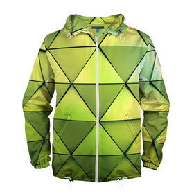 Мужская ветровка 3D с принтом Зелёные треугольники , 100% полиэстер | подол и капюшон оформлены резинкой с фиксаторами, два кармана без застежек по бокам, один потайной карман на груди | геометрия | зелёный | текстура | треугольники | фигуры