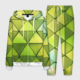 Мужской костюм 3D с принтом Зелёные треугольники , 100% полиэстер | Манжеты и пояс оформлены тканевой резинкой, двухслойный капюшон со шнурком для регулировки, карманы спереди | геометрия | зелёный | текстура | треугольники | фигуры